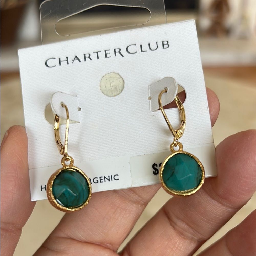 NWT Charter Club Gold Tone & Green Stone Drop Earrings